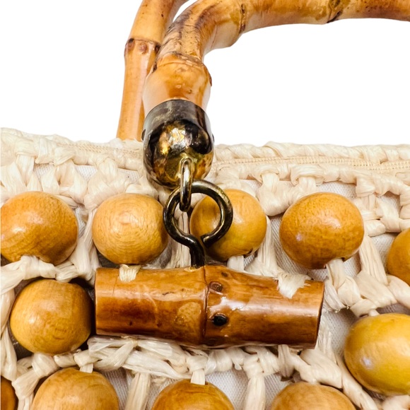 Vintage 50s Beaded Handbag brass Bamboo Handle Wicked Weave Made in Japan - Picture 4 of 12